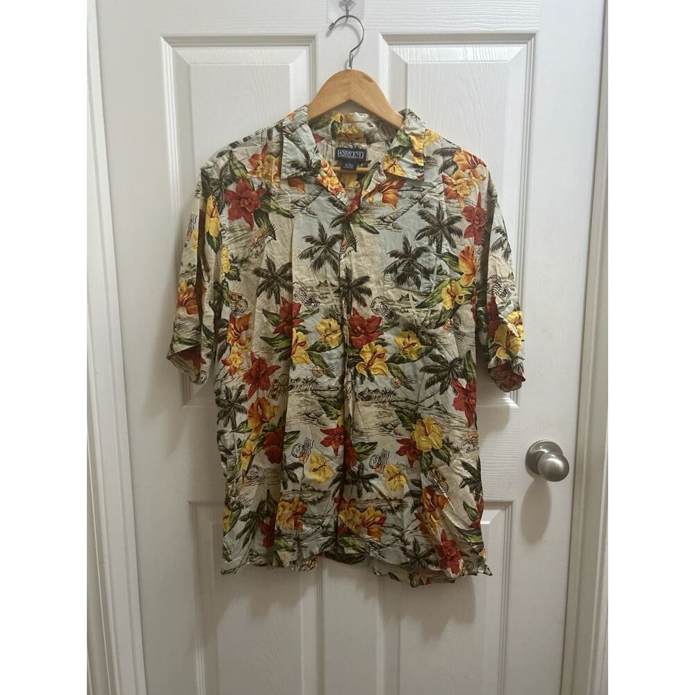Lands' End Vintage Tropical Hawaiian Floral Palm Tree Print Button Down Shirt L